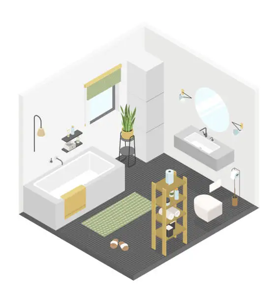 Vector illustration of Black and white bathroom - modern vector colorful isometric illustration