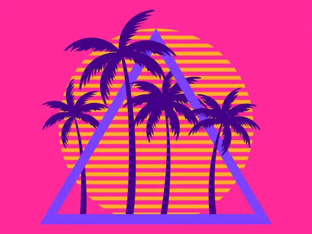 Vector illustration of 80s retro sci-fi palm trees on a sunset. Retro futuristic sun with palm trees in a triangular frame. Synthwave style. Design for advertising brochures, banners and posters. Vector illustration