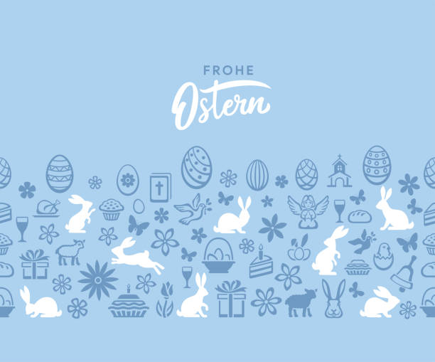 easter seamless green pattern. icons with easter eggs, flowers, bunnies and butterfly. frohe ostern. - ostern stock illustrations