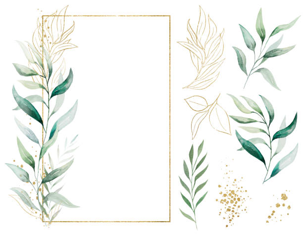 Rectangular golden frame made of green watercolor leaves, wedding illustration, single elements Rectangular golden frame with of green watercolor leaves bouquet, isolated illustration, copy space. Botanical vertical elements for romantic wedding stationery, greetings cards, printing and crafting watercolor flower stock illustrations