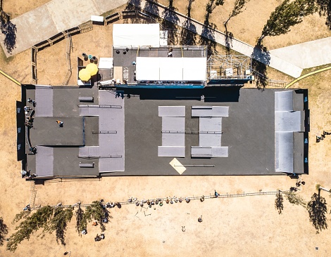 Aerial view of a skate park featuring ramps, rails, and half-pipes for skateboarders to enjoy