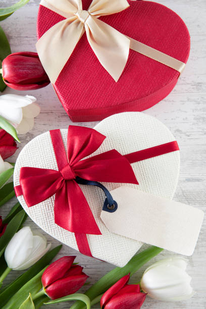 Mother’s Day and Valentine’s Day concept with red and white tulips and heart shaped gift box