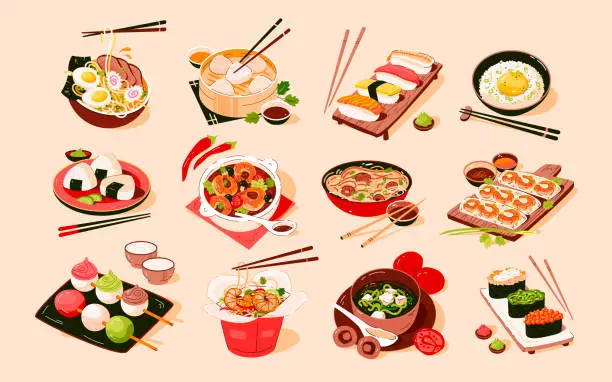 Vector illustration of Asian food set. Asian cuisine with various dishes. Vector flat illustration