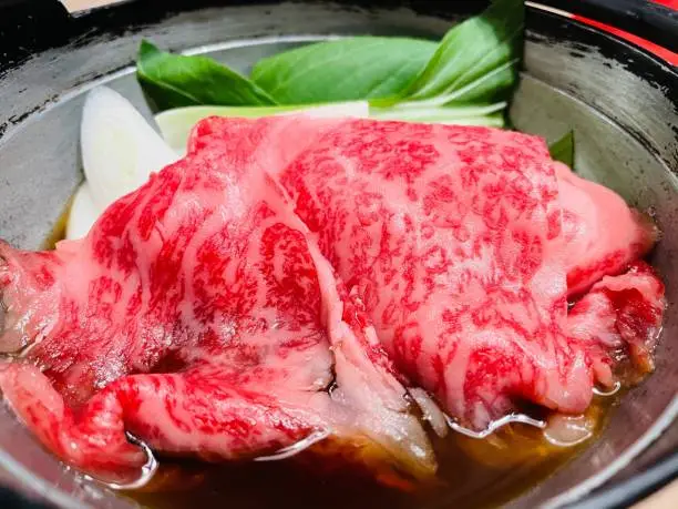 An image of a bowl containing water, with cubes of meat and a handful of fresh, leafy greens