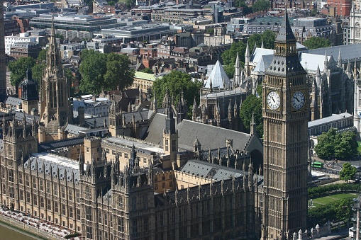 An aerial view of the iconic Big Ben clock tower in London, England.