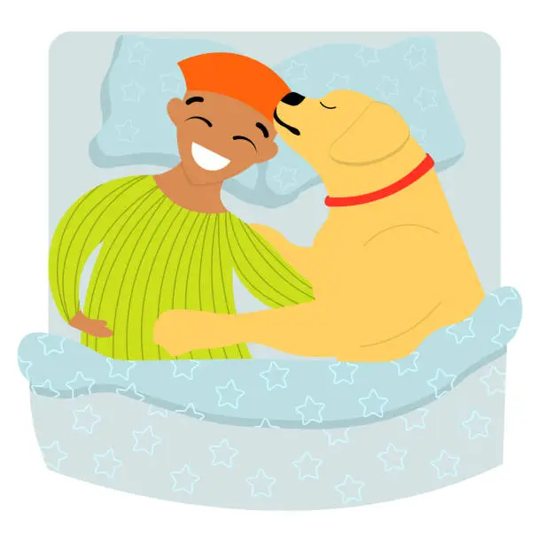 Vector illustration of dog sleeps in bed. The dog lies on a pillow under the covers. Labrador on vacation. Sleep with a pet