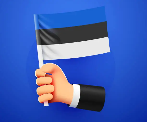 Vector illustration of 3d hand holding Estonia National flag.
