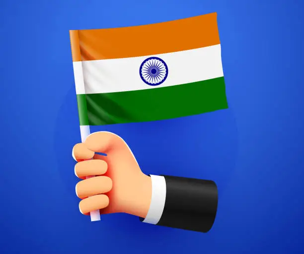 Vector illustration of 3d hand holding India National flag.