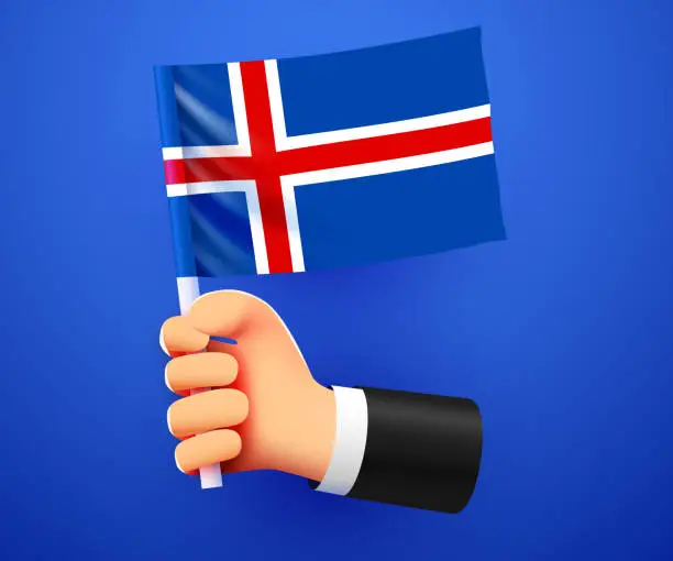 Vector illustration of 3d hand holding Iceland National flag.