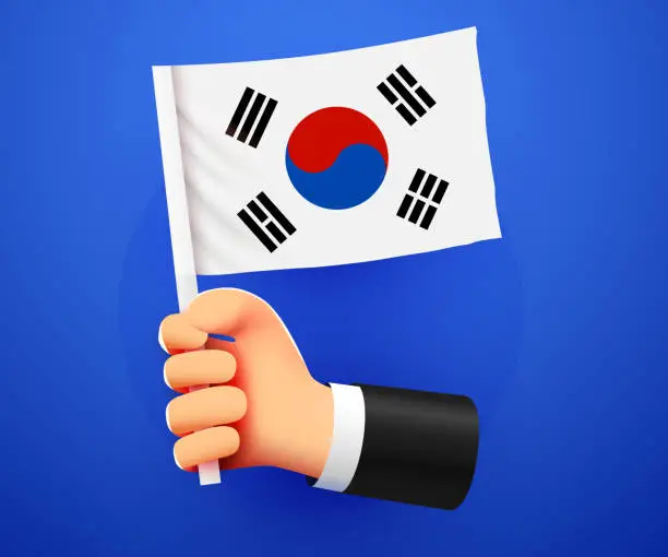 Vector illustration of 3d hand holding Republic of Korea National flag.