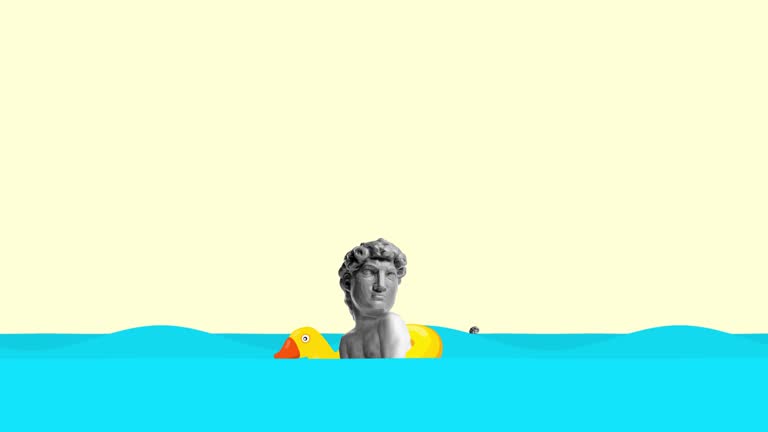 Stop motion, animation. Composition with young man in swimming shorts headed of ancient statue head jumping into sea.