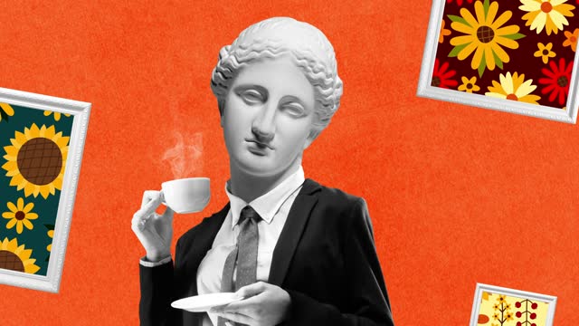 Stop motion, animation. Modern design. Woman in business suit with ancient statue head drinking coffee over bright background with paintings