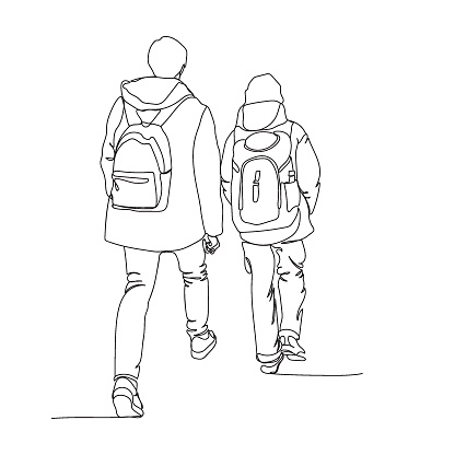 2 tourists walking. Wearing backpacks and jackets. Vector illustration in line art style.