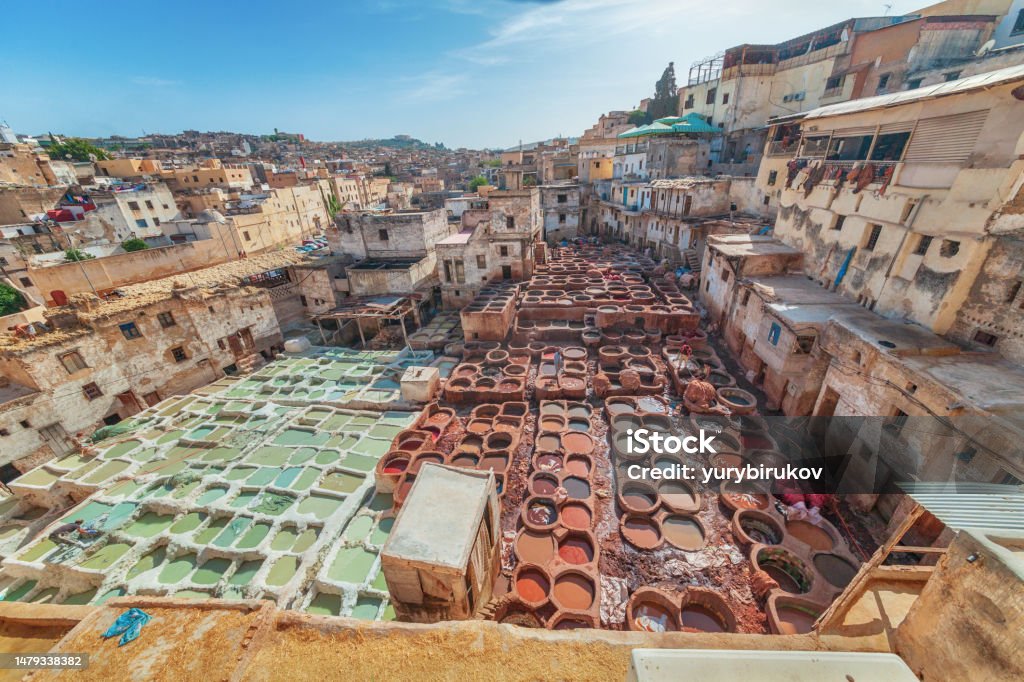 Shuara leather dyers in Fes. People dye leather products Shuara leather dyers in Fes. Morocco Africa Stock Photo