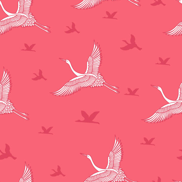 ilustraciones, imágenes clip art, dibujos animados e iconos de stock de pájaros grulla en patrón sin costuras de vector volador rosa - traditional culture heron bird animal