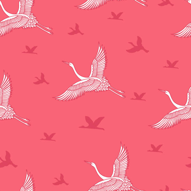 ilustrações de stock, clip art, desenhos animados e ícones de crane birds in pink flying vector seamless pattern - traditional culture heron bird animal