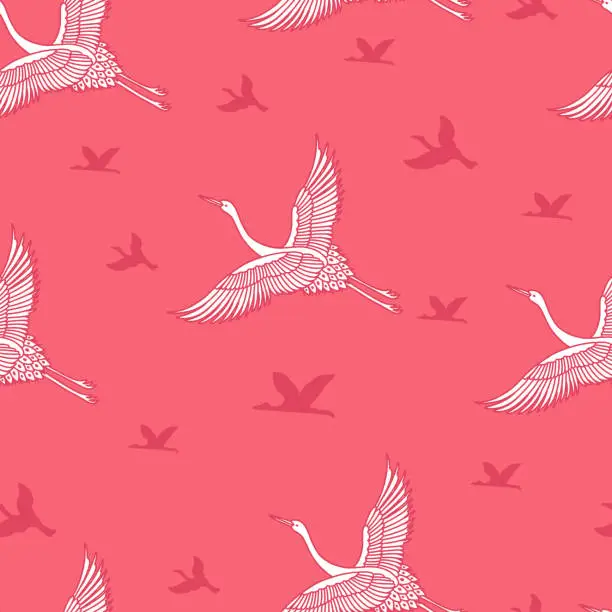 Vector illustration of Crane Birds in Pink Flying Vector Seamless Pattern