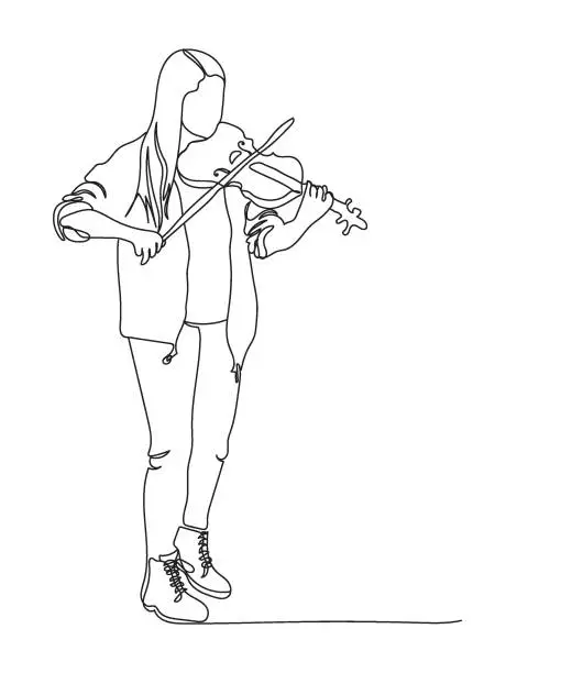 Vector illustration of Street woman musician playing violin. Vector illustration in line art style.