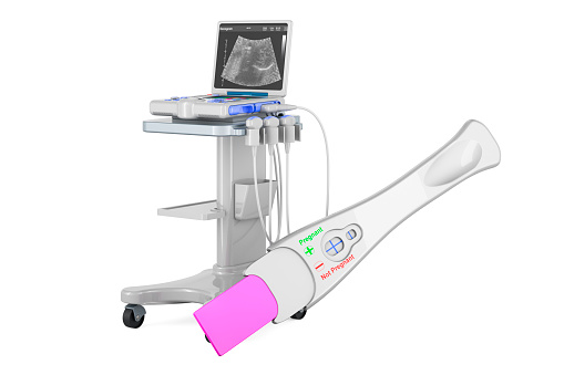 Pregnancy test positive with portable medical ultrasound diagnostic machine, scanner. 3D rendering isolated on white background