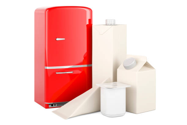 istock Packaging for dairy, juice products with refrigerator, 3D rendering 1479338824