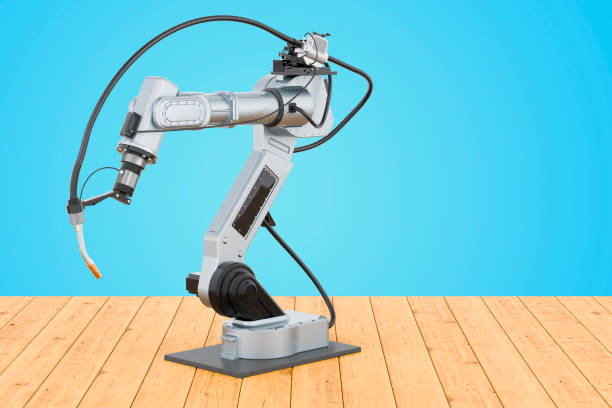 istock Robot welding on the wooden table, 3D rendering 1479338884
