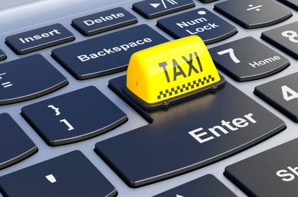 Taxi car signboard on laptop keyboard, 3D rendering