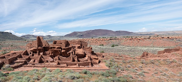 Abandoned ancient indigenous village in US desert landscape, traditional architecture ruins