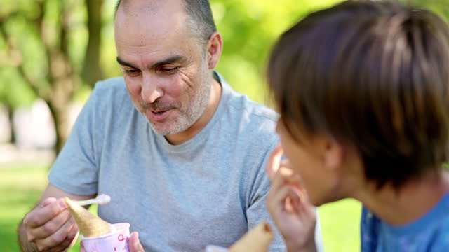 Mature father and young son eating ice cream at the park