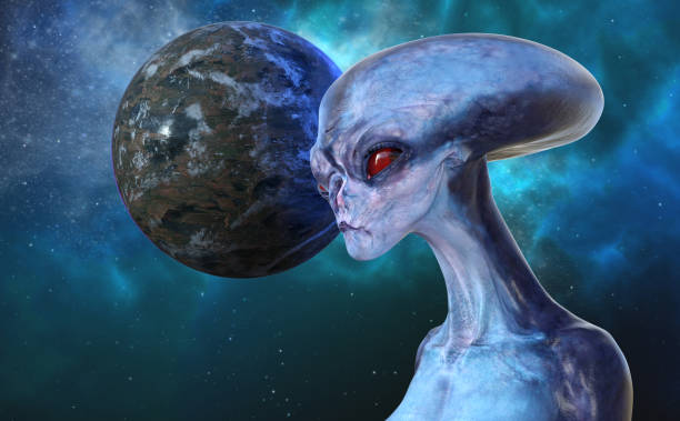 Illustration of a blue skin alien with elongated skull and an exoplanet in the background. 3d illustration of a female blue skin alien with an elongated skull looking into the distance. eye nebula stock pictures, royalty-free photos & images
