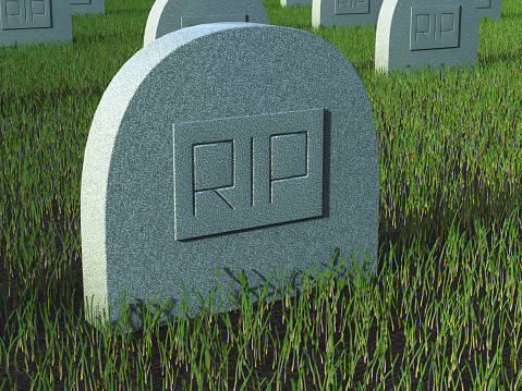 A grave in a cemetery. Close up. Tombstone on green grass. Mortuary monument. 3D illustration.