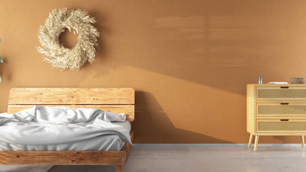 istock Beige Boho Style Bedroom with a Wooden Bed 1479342916