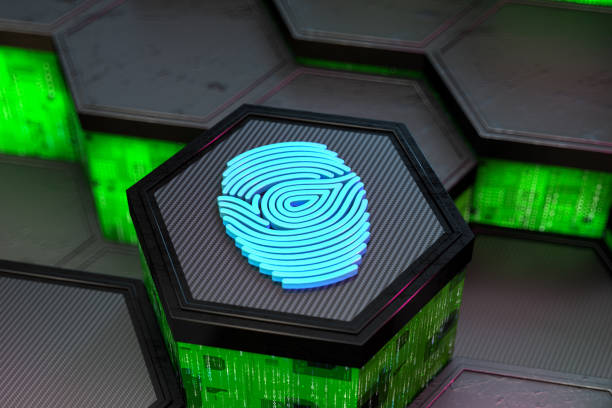 istock Neon Fingerprint on Futuristic Abstract Hexagons 1479342965