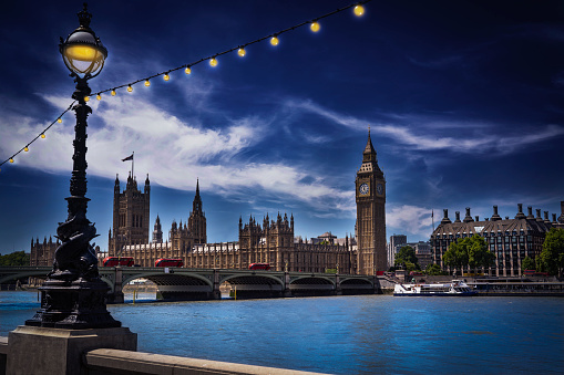 London Big Ben tower and Westminster bridge over Thames river England UK Great Britain, United Kingdom