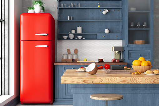 Cozy Retro Kitchen Interior with a Red Fridge. 3D Render