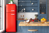 Cozy Retro Kitchen Interior with a Red Fridge