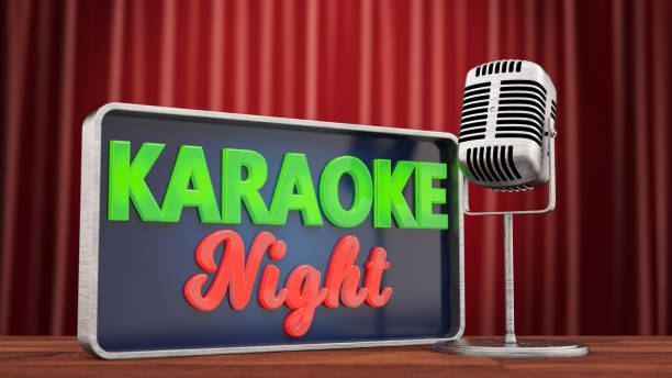 istock Karaoke Night Sign on Stage with a Retro Microphone 1479344938
