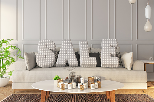 Sale Letters with Cushion in a Modern Living Room. 3D Render