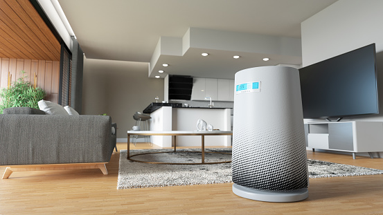 Air Purifier In Modern Living Room. 3D Render