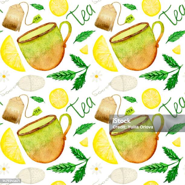 Lemon Tea Lettering Cute Watercolor Tea Time Pattern With Cup Lemon Mint Tea Bag Strainer ...