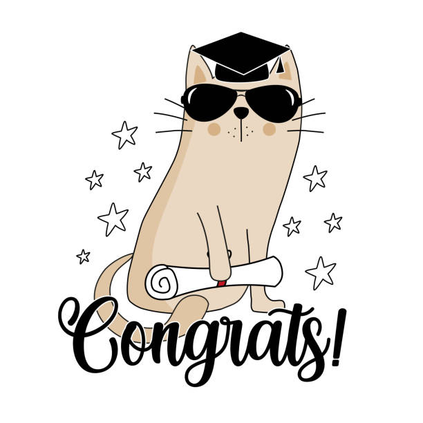 Congrats - cool cat in graduate cap and certificate or diploma Congrats - cool cat in graduate cap and certificate or diploma. Good for greeting card, postcard, T shirt print, poster, label and other gifts design. graduation tassel drawing stock illustrations