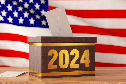 2024 USA Elections Concept with American Flag and a Ballot Box. 3D Render