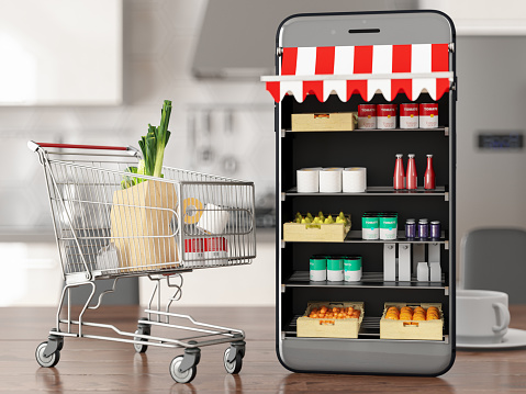 E-Commerce Online Shopping Concept with a Market Inside a Smartphone. 3D Render