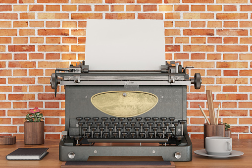 Antique Typewriter with Blank Paper for Copy Space. 3D Render