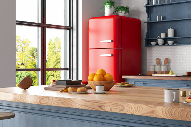 Cozy Retro Kitchen Interior with a Red Fridge and Ktichen Counter. 3D Render