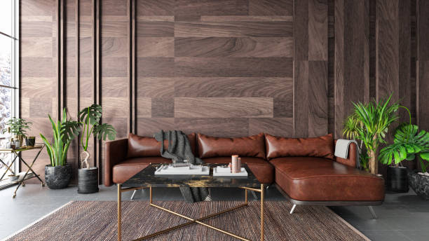 istock Modern Living Room with Leather Sofa and Wooden Wall 1479347611