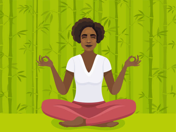 афроамериканка медитирует. иллюстрация концепции медитации. - yoga women emotional stress praying stock illustrations