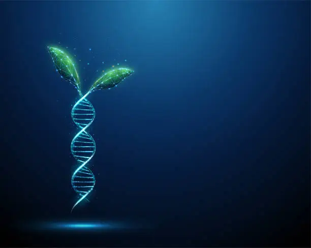 Vector illustration of Green plant leafs growing from blue 3d DNA molecule helix