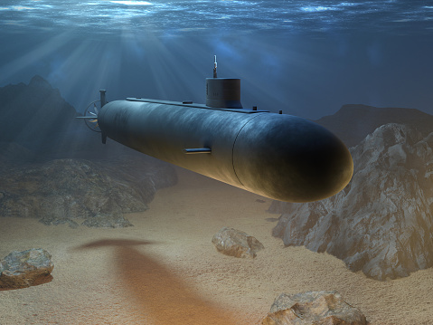 Nuclear submarine cruising in the deep of the ocean. digital illustration, 3d render.