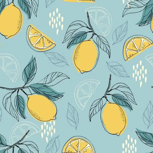Vector illustration of Abstract lemons pattern. Hand drawn line lemon illustration.