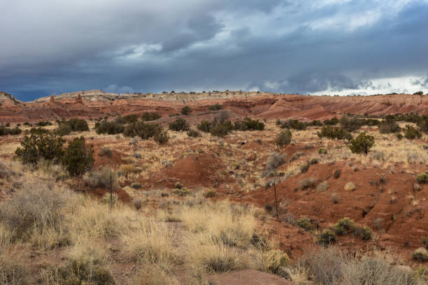 istock Geological red rock formations and desert brush with overcast sky 1479350986